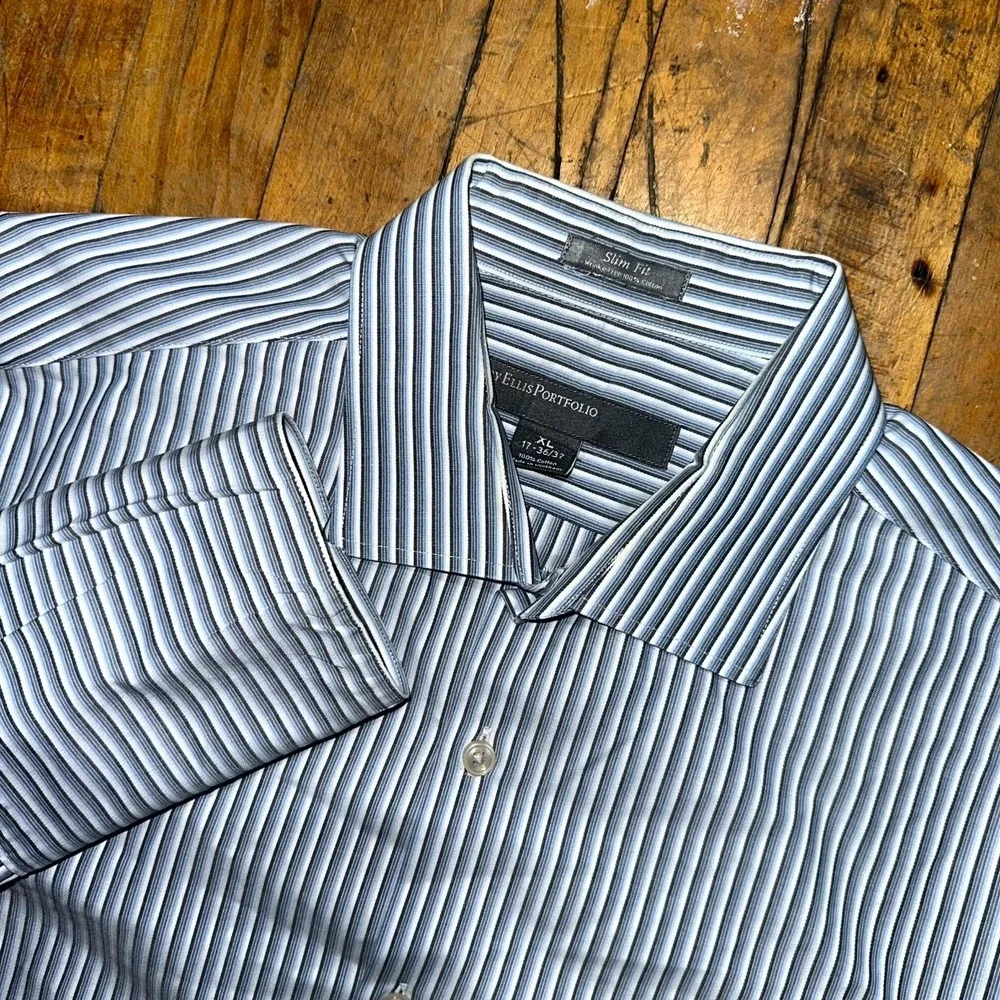 Perry Ellis Portfolio Dress Shirt Mens XL White Striped Long Sleeve Button Down‎